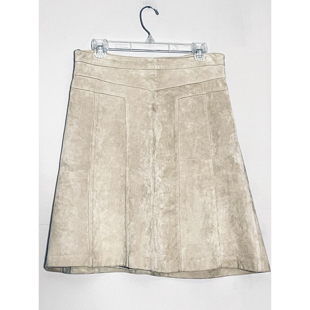 ANN TAYLOR LOFT SKIRT SUEDE LEATHER ALINE ASYMMETRICAL HEM TAN KHAKI BEIGE 8